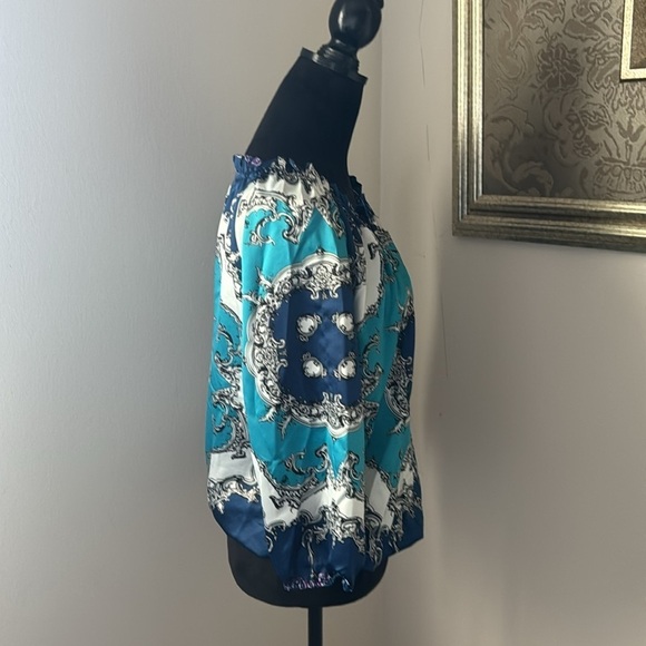 Nue Options elastic waist 3/4 sleeves split neckline satin feel top blouse M - Picture 2 of 6